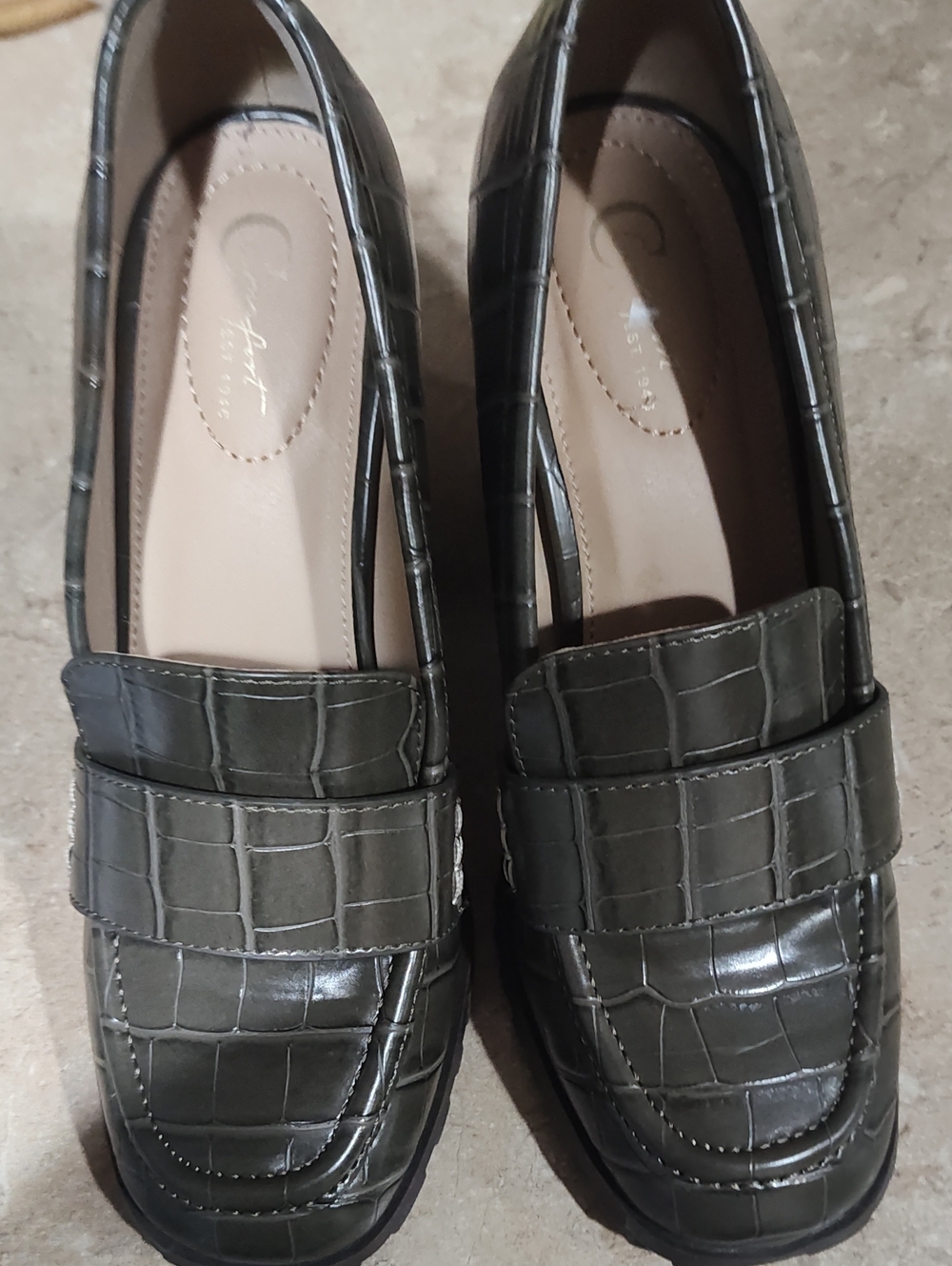 Croc-Embossed Olive Penny Loafers — Women